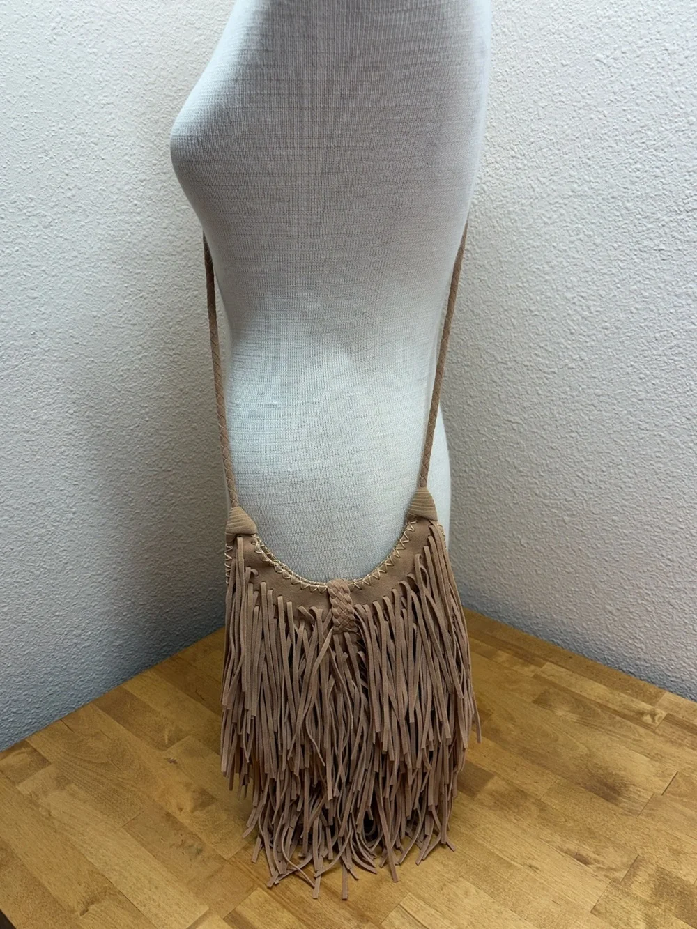 Sam Forever Fringe Hobo Bag Taupe Faux Suede Boho Festival Purse